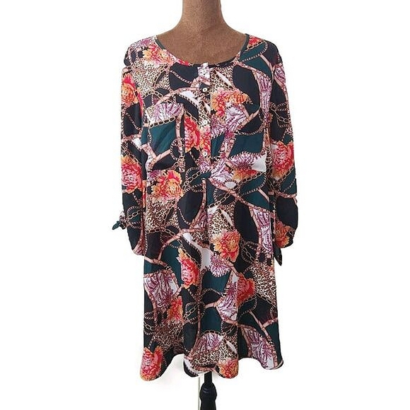 NWT DRESSBARN Blouse Tunic‎ Size Large Black Floral Mixed Print Lightweight - Picture 1 of 9